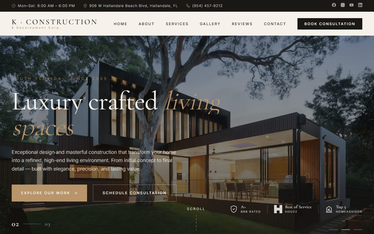 K Construction & Development Corp. homepage — a dusk photograph of a modern home behind the headline &ldquo;Luxury crafted living spaces.&rdquo;