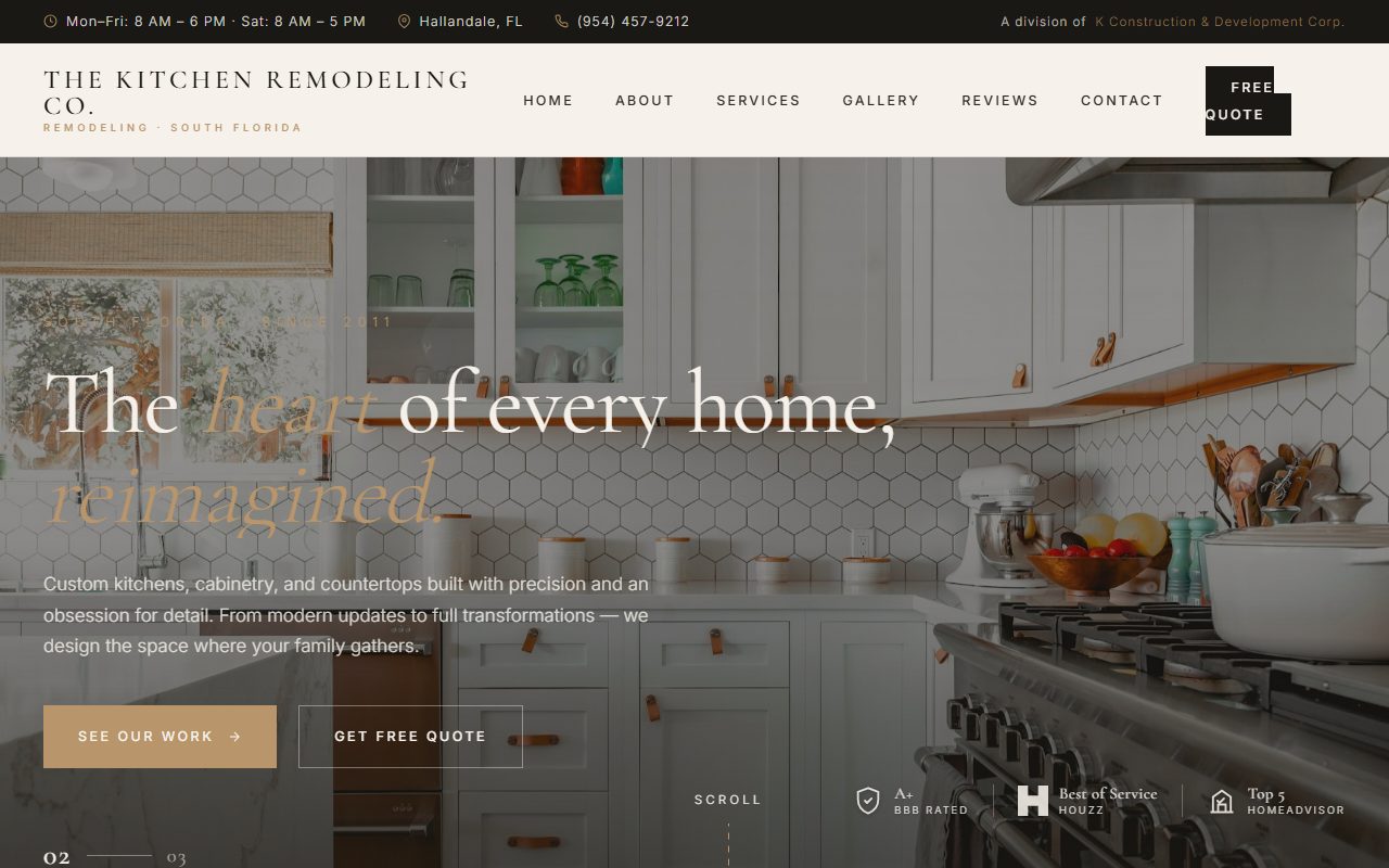 The Kitchen Remodeling Co. homepage — a full-width kitchen photograph behind the headline &ldquo;The heart of every home, reimagined.&rdquo;